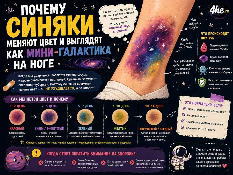Почему синяки меняют цвет и выглядят как мини-галактика на ноге