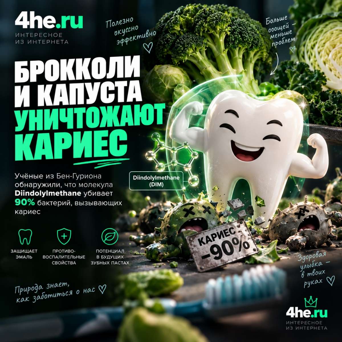 Учёные нашли в брокколи молекулу, способную защищать зубы от кариеса