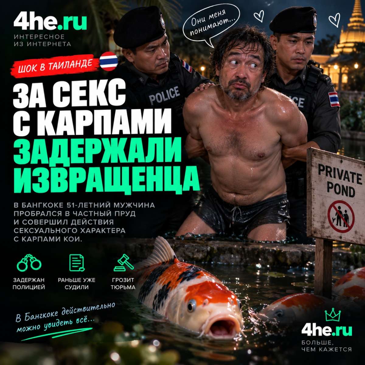 В Бангкоке задержали мужчину за секс с карпом кои — всё попало на камеру